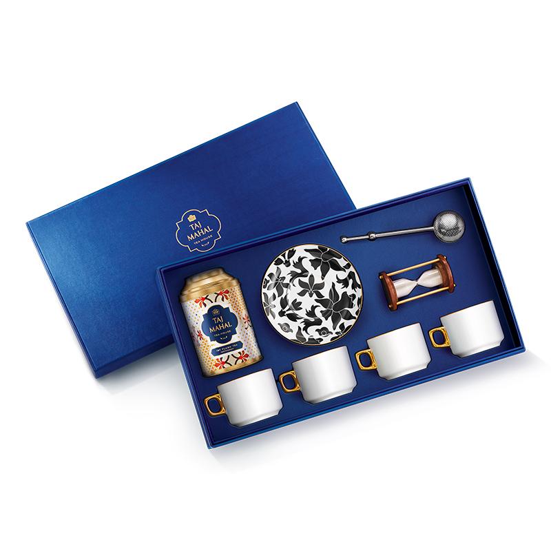 Bahar 24K Gold Plated Gift Set for Four with Darjeeling 1st Flush Tea and Accessories